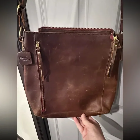 Osgoode Marley Jordyn N/S Zip Top Brown Distressed Leather Crossbody Purse RFID - Picture 2 of 15